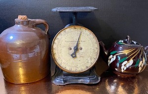 lot 76 image: Antique Columbia Family Scale, Crock Jug, Teapot