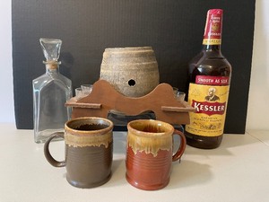 lot 102 image: Whiskey Keg and Shot Glasses and half galllon Kessler Whiskey Bottle
