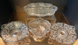 lot 104 image: Cambridge Etched Glass Rose Point Relish Dishes