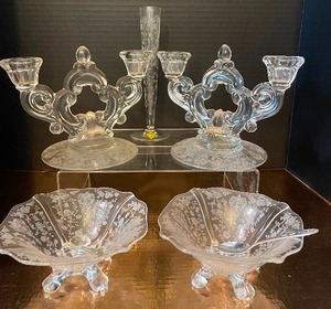 lot 106 image: Cambridge Rose Point Etched Glass Candle Holders LOT