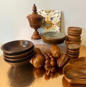 lot 111 image: MCM Midcentury Modern Wood Fruit Bowl Lot, Ashtray, Coasters and More