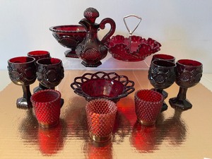 lot 117 image: Red Glass Lot Fenton Ruby Hobnail and Avon Ruby Red Cape