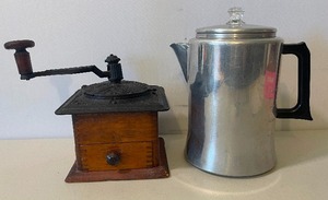 lot 128 image: Antique Coffee Grinder and Aluminum Percolator
