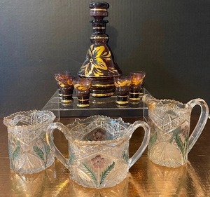 lot 139 image: Vintage Amethyst Decanter Czech Glass Bohemian Gold and Shot Glass and EAPG Splendor