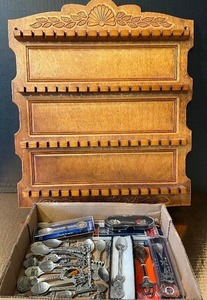 lot 148 image: Large Wood Collectible Spoon Rack NIB and Pewter Spoon Collection