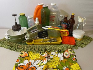 lot 200 image: 1970s Avocado Green GE Hand Mixer, Avocado Green Corning Ware and FUN Kitchen Lot