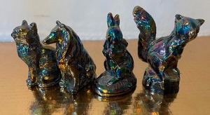 lot 168 image: Lot of 4 Mosser Carnival Glass Animals Amethyst Iridescent