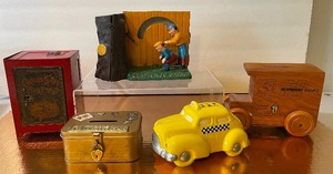 lot 178 image: Antique Primitive Lithograph Childs Fireproof Safe Toy Bank -Bank Lot of 5