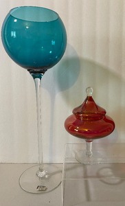 lot 182 image: Vintage Colony Italian Extra Tall Long Stem Balloon Goblet and Cranberry Compote Pedestal Candy Dish