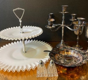 lot 198 image: Fenton Two Tier Tray,  and Sterling Plate LOT- Goblets and Candelabra