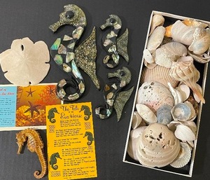 lot 287 image: Vintage Lucite and Abalone Sea Horses and Shells and Dried Seahorse