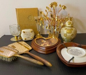 lot 301 image: Gold Leafy Twisted Dream Tree and Gold Decor LOT Thomas Kinkade Trinket Box Musical Prayer Box.