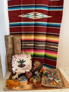 lot 320 image: Vintage Thunderbird Ashtrays, Aztec Decor Serape Rug or Table Cover