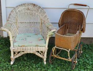 lot 337 image: Vintage Childs Wicker Rocking Chair and Antique Doll Buggy