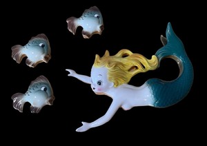 lot 3 image: PY Anthropomorphic Fish and Mermaid Porcelain Wall Hangings MCM