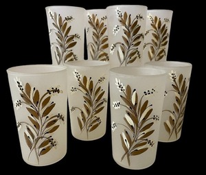 lot 87 image: Set of 8 Frosted Tumblers Black and Gold Floral