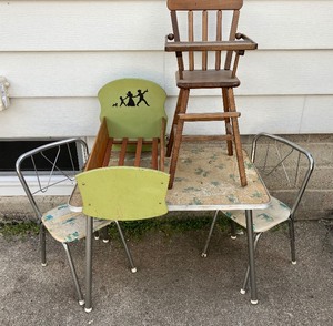 lot 336 image: Childrens Dining Set with Two Chairs, Rocking Baby Bed, Highchair