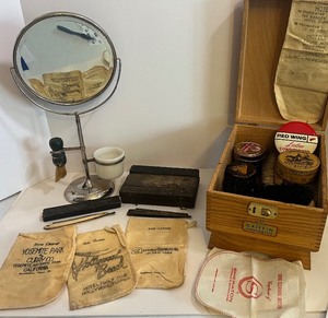 lot 362 image: Vintage Shaving Mirror and Two Antique Razors, Vintage Shoe Shine Box