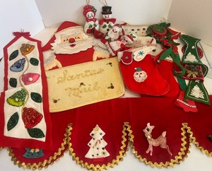 lot 366 image: Vintage Sequin Christmas Lot, Ornaments, Mail Holder, Tree Skirt