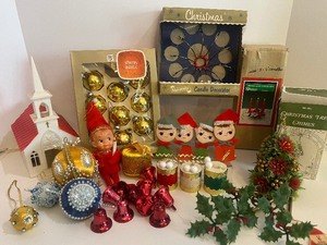 lot 371 image: Vintage Light Up Church, Shiny Brite Ornaments, Vintage Bent Knee Elf, Elf Ornaments and More