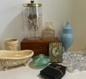 lot 378 image: Miniature Lane Cedar Chest, Apothecary Jar with Wheat Pattern and Blue Apothecary Jar Lavoris Mouthwash Bottle