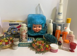 lot 379 image: Doll Face Doll Head 1970s Kleenex Box Cover Tissue Box Beaded Sequin Pinned Soap Bars Kitsch Decor