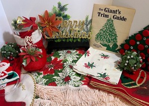 lot 383 image: Vintage Fringe Pointsetta Tablecloth, Sequin and Mesh Tablecloth and Kitschy Christmas Decor