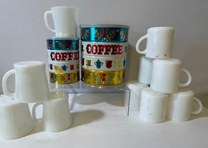 lot 346 image: Vintage Coffee Lovers LOT- Designer Holiday Butternut Coffee Cans, Fire King Mugs, Milk Glass Mugs