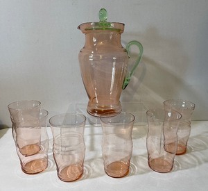 lot 352 image: Watermelon Glass Pitcher and Pink Depression Glass Tumblers