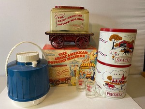 lot 353 image: Vintage Movie Night LOT - Popcorn Machine, Snack Trays, Shakeys Pizza Mini Mugs, Thermos Cooler