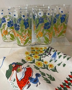 lot 355 image: Blue and Orange Floral Tumblers and Vintage Linen Tablecloth with Farmer and Chickens Theme