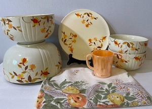 lot 356 image: Vintage Halls Autumn Leaf Dishes, Fire King Peach Luster D-handle Cup and Plate, Vintage Tablecloth