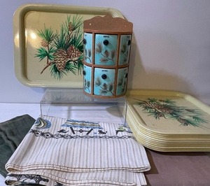 lot 358 image: Twelve Vintage Toleware Pinecone Trays, Hanging Spice Rack and Table Linens