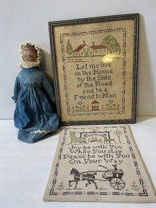 lot 359 image: Antique Doll Circa 1885 and Vintage Needlework Samplers