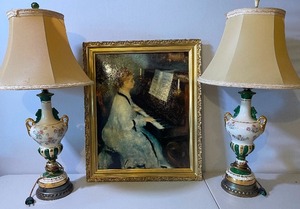 lot 394 image: Vintage Framed Picture and Two Vintage Porcelain Boudoir Bedroom Painted Lamps