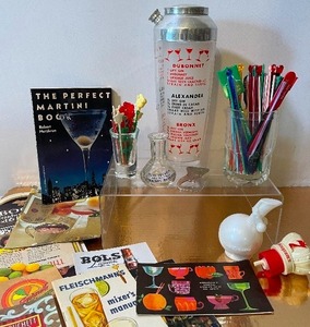 lot 396 image: Mid Century MCM Frosted Glass Cocktail Shaker with Recipes, Stir Sticks, Liquor Bottle Pour Spouts