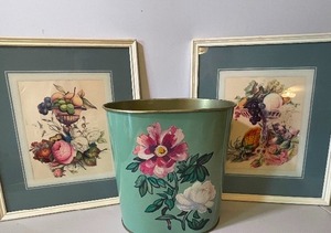 lot 404 image: Vintage Floral Wastebasket and Two Framed Floral Pictures