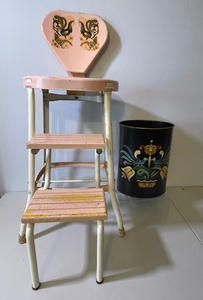 lot 405 image: Vintage Pink Step Stool with Decals and Painted Tin Wastepaper Basket