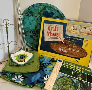 lot 444 image: Vintage Metal Side Table with Tripod Base, Retro Tablecloth and Paint by Numbers
