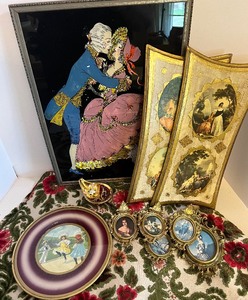 lot 482 image: Heavy Tapestry Round Tablecloth and Victorian Chimney Flue Cover and Murano Trinket Dish