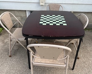 lot 492 image: Vintage Card Table Game Table and Very Sturdy Metal Folding Chairs