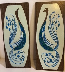 lot 110 image: MCM Acrylic on Wood Teal and Blue Peacock Plaques Wall Art