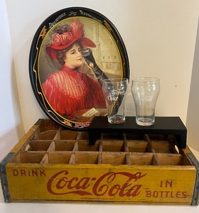 lot 151 image: Vintage Wood Coca-Cola Crate, Tin Tray and Glasses