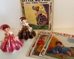 lot 495 image: Two Enesco Girl Shoppers Pink and Brown Planters and Linenette Like Nursery Rhyme Books