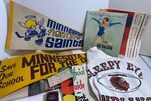 lot 509 image: Minnesota Mighty Saints Felt Pennant, Sleepy Eye High School Sweatshirt 1970s, Steele Co. Fair Tickets 1926