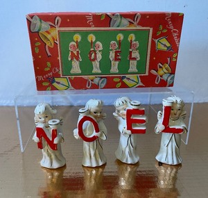 lot 565 image: Vintage Relco Hand Decorated Noel Angels Candle Holders in Original Box