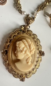 lot 149 image: West Germany Filigree and Caramel Satin Glass Cameo Necklace and Earring Set and Misc Vintage Jewelry