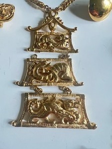 lot 163 image: 1960s Monet Pagoda & Dragon Statement Necklace and Earrings, Vintage Silver Siam Niello Sterling Silver Teardrop Set