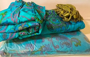 lot 459 image: Two Vintage Blue and Green Paisley Bedspreads, Curtains and Olive Green Tiebacks
