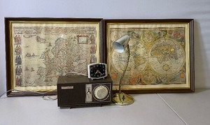 lot 466 image: Framed Maps, Vintage Sears Silvertone AM Radio and Vintage Alarm Clock